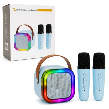 Mini Parlante Karaoke con 2 Micrófonos Inalámbricos y Luces LED Celeste
