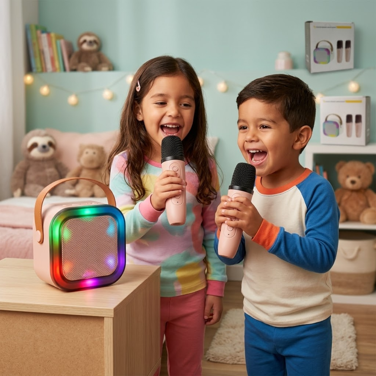 Mini Parlante Karaoke con 2 Micrófonos Inalámbricos y Luces LED