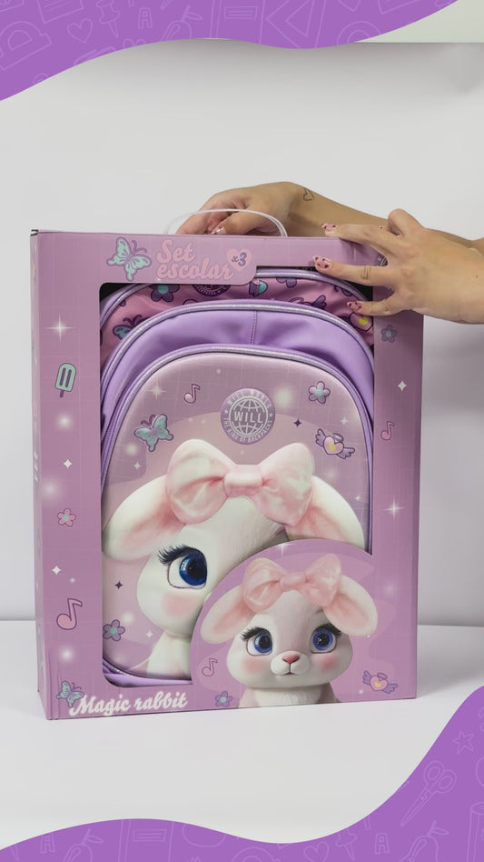 Set Escolar 3 en 1 Conejito Bani – Mochila 16” + Lunchera + Cartuchera (Violeta)