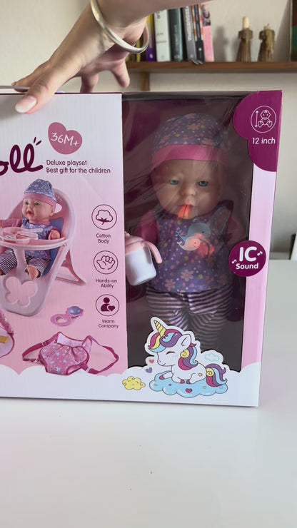 Muñeca Bebe con Cochecito, Cuna y Accesorios