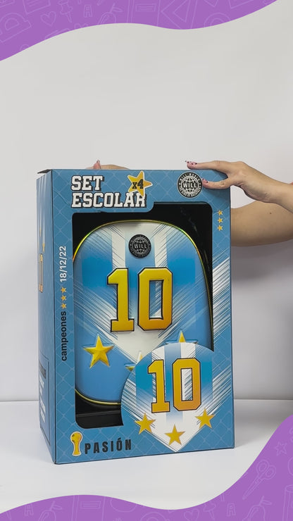 Set Escolar Celeste de Messi – Mochila 16” de Espalda, Lunchera y Cartuchera